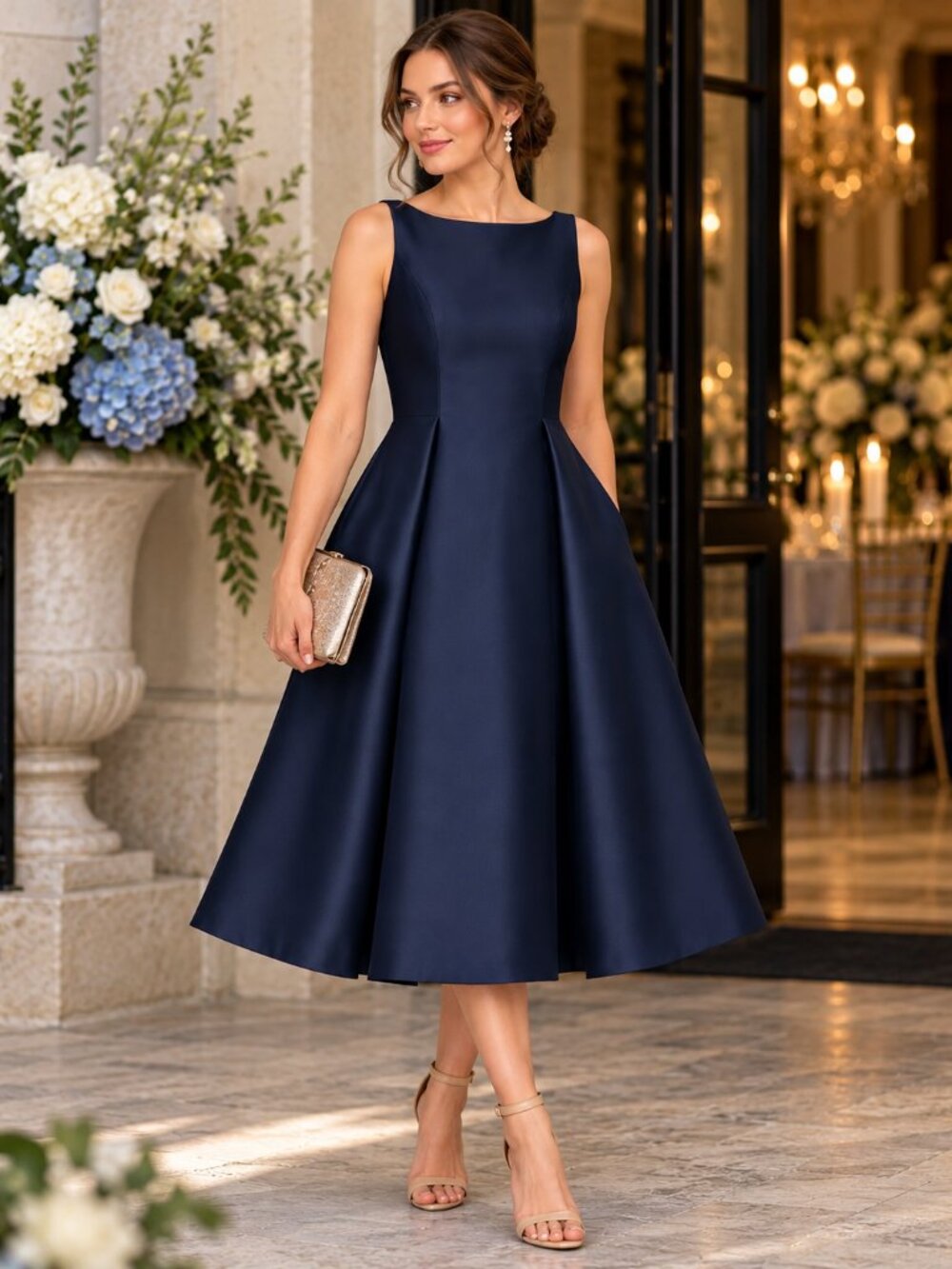 Adrianna Papell Midnight Navy Boat Neck Fit Flare Midi Dress Pockets Size 10 NWT